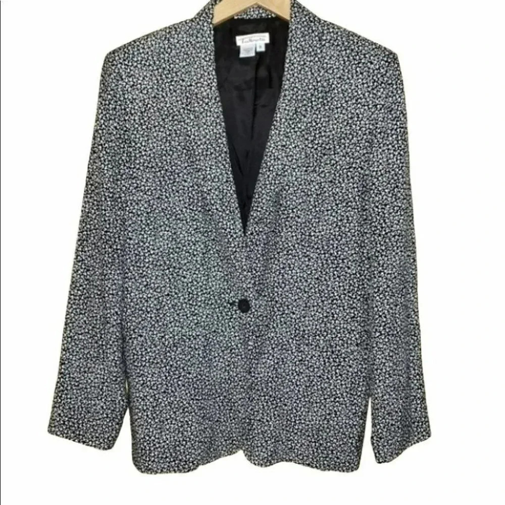 Talbots Blazer 8 Black White Abstract Scroll Print Single Button Rayon Jacket